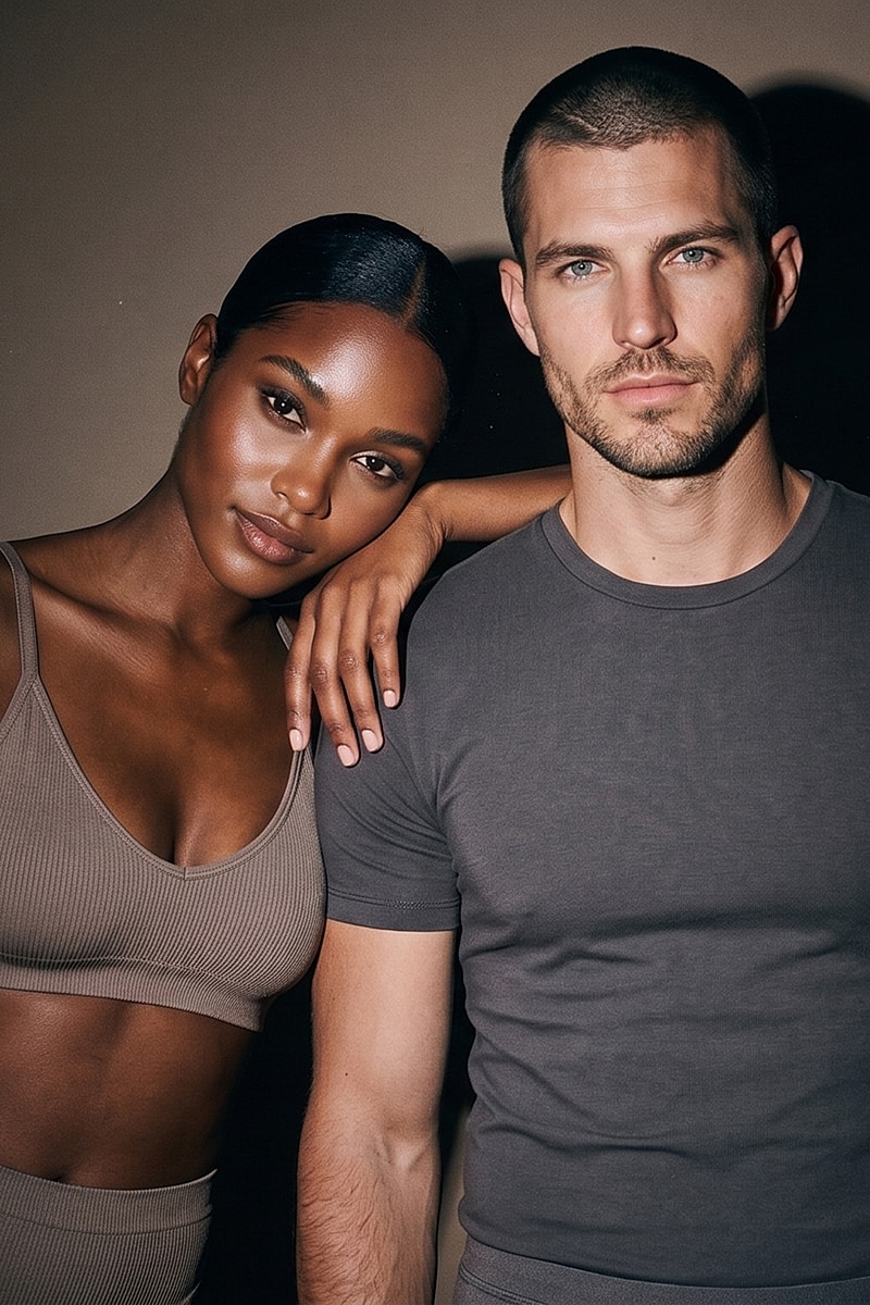 Fashionable couple posing together in neutral outfits.