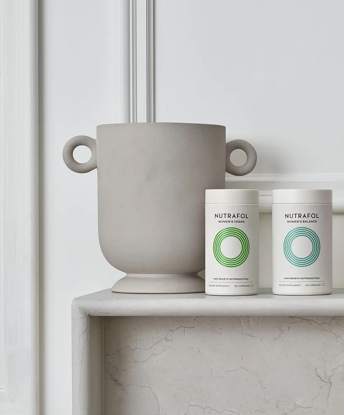 Minimalist decor with Nutrafol hair supplements.