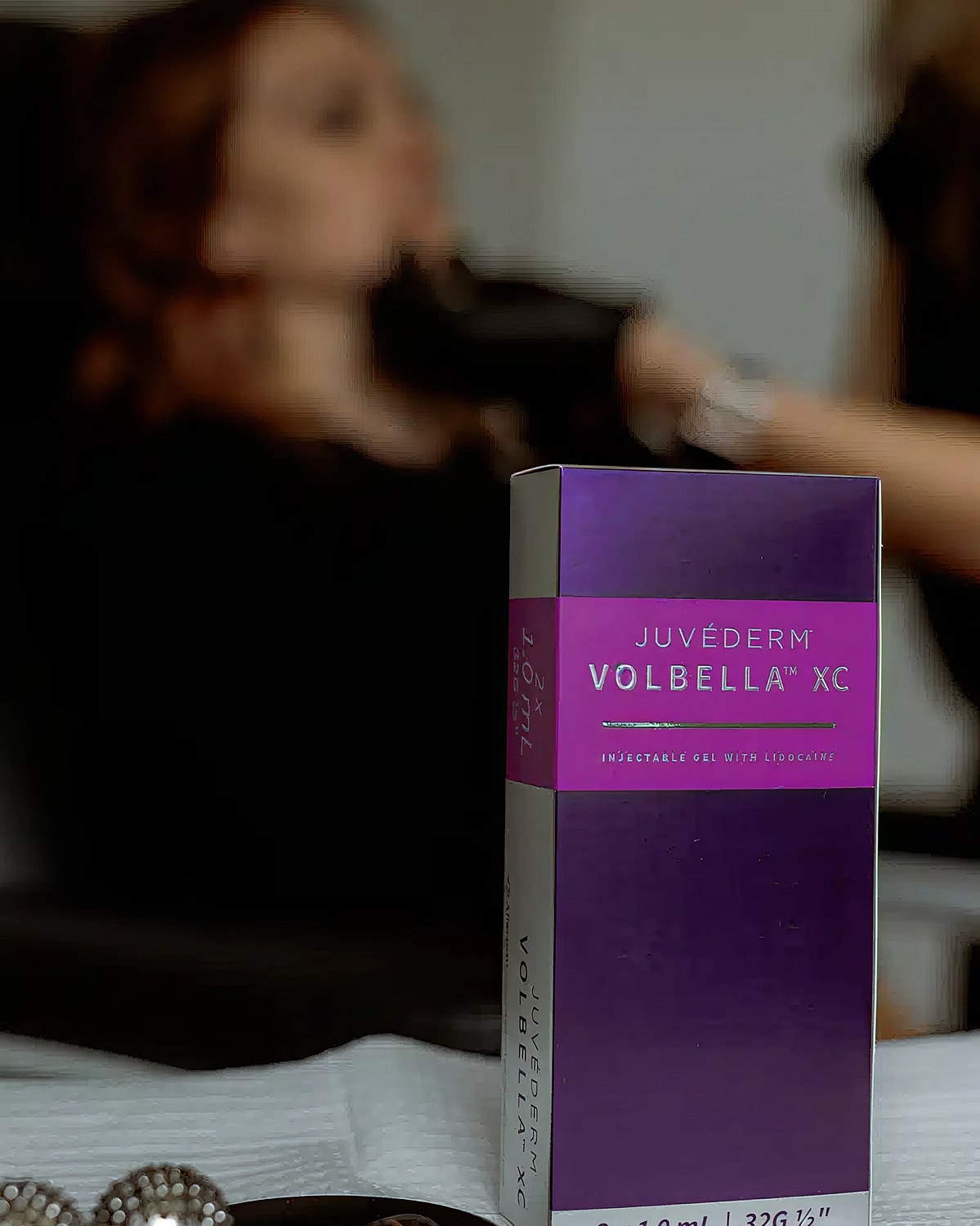 Juvéderm Volbella XC product box in treatment setting.