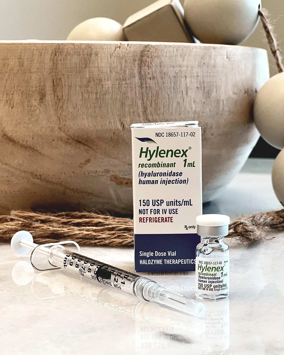 Hylenex injection vial and syringe on surface