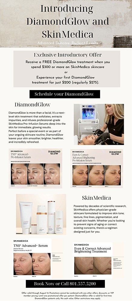 DiamondGlow and SkinMedica skincare promotional flyer.