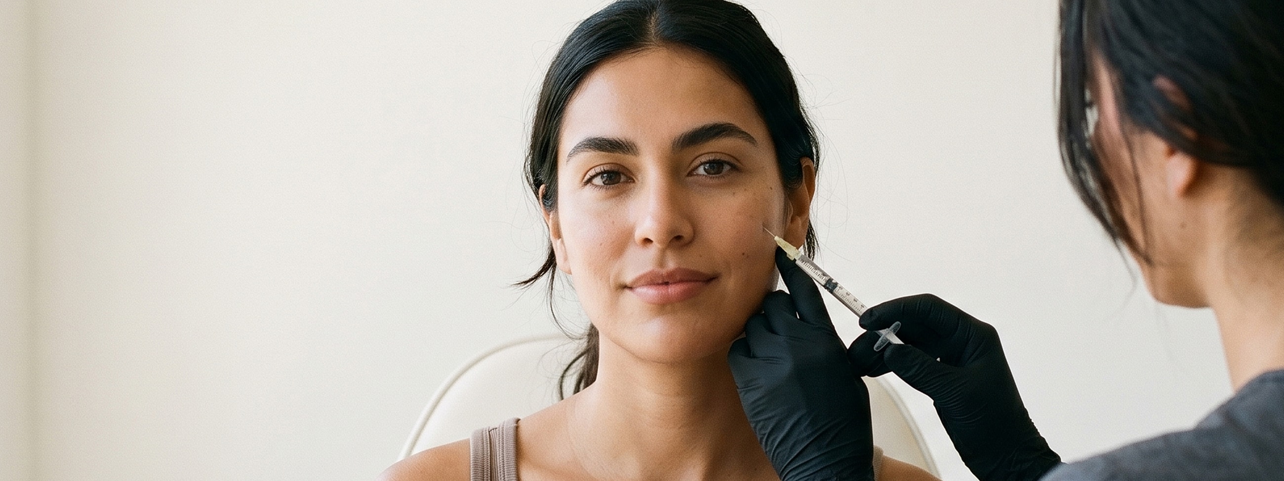 Woman receiving facial treatment with syringe.
